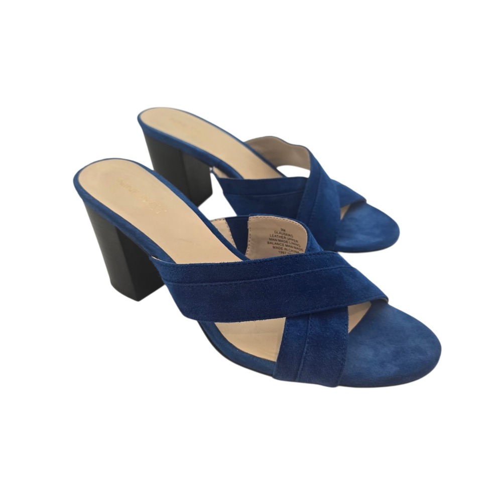 Nine West Glausero Cobalt Blue Suede Crisscross Block Heel Mule Sandals 9M